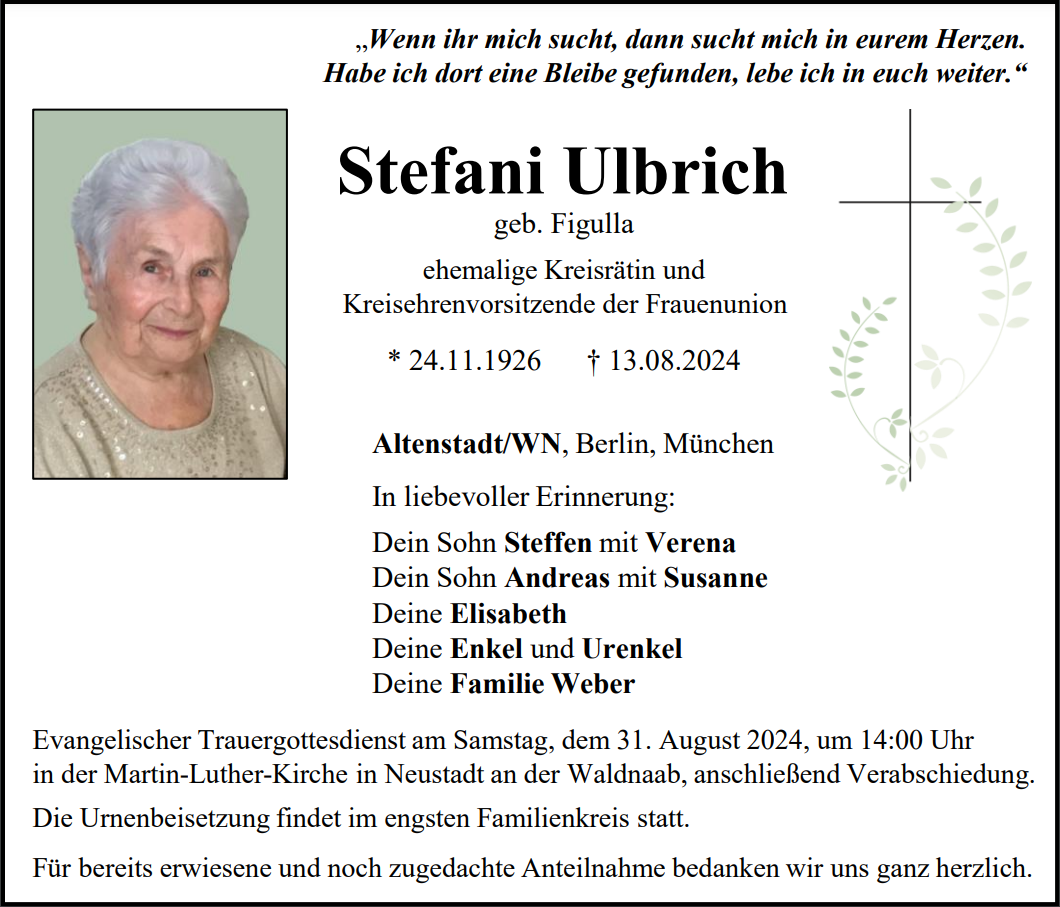 Traueranzeige Stefani Ulbrich, Altenstadt