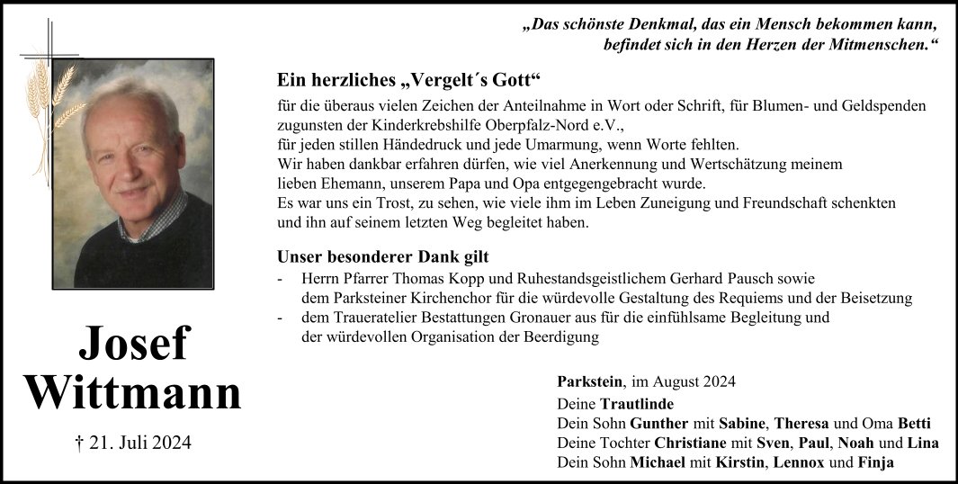 Danksagung Josef Wittmann, Parkstein