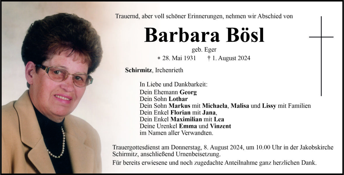 Traueranzeige Barbara Bösl, Schirmitz