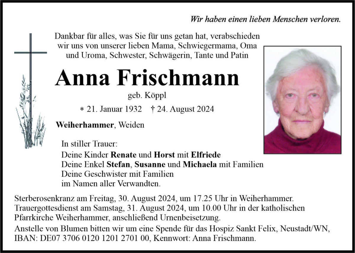 Traueranzeige Anna Frischmann, Weiherhammer