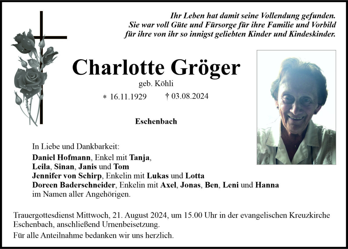 Traueranzeige Charlotte Gröger, Eschenbach
