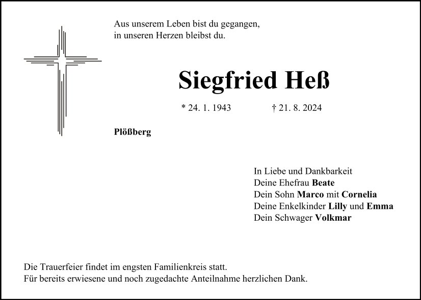 Traueranzeige Siegfried Heß, Plößberg