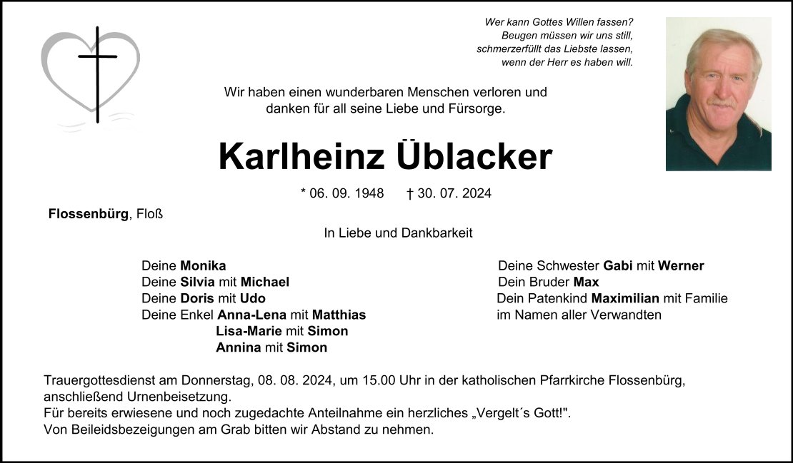 Traueranzeige Karlheinz Üblacker, Flossenbürg