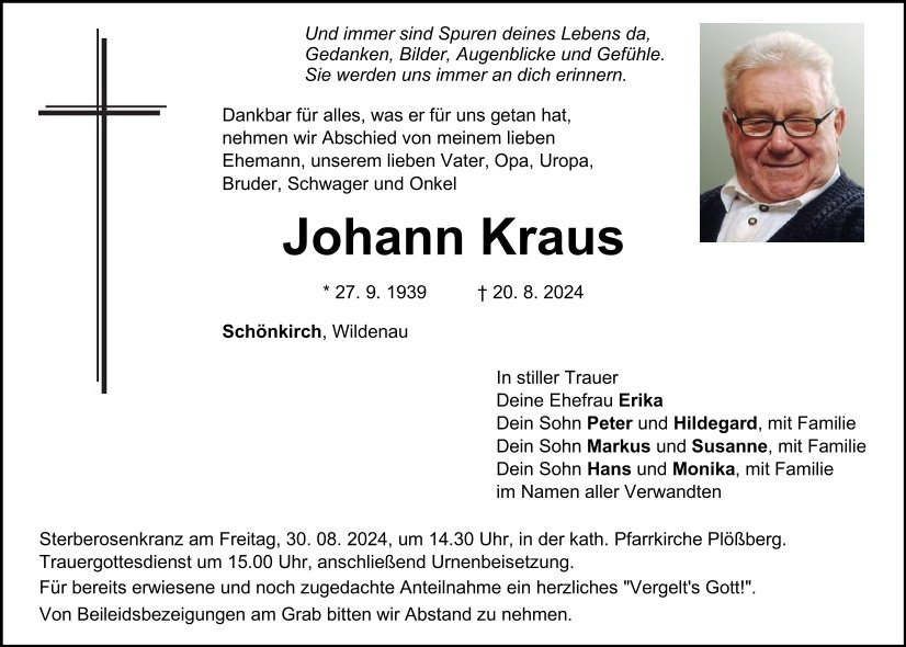 Traueranzeige Johann Kraus, Schönkirch