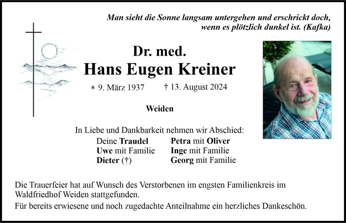 Traueranzeige Dr. med. Hans Eugen Kreiner, Weiden