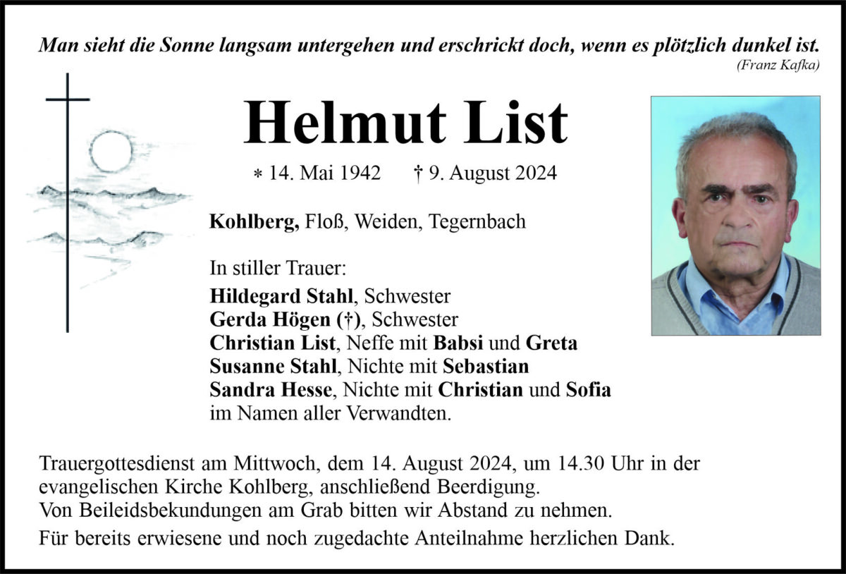 Traueranzeige Helmut List, Kohlberg