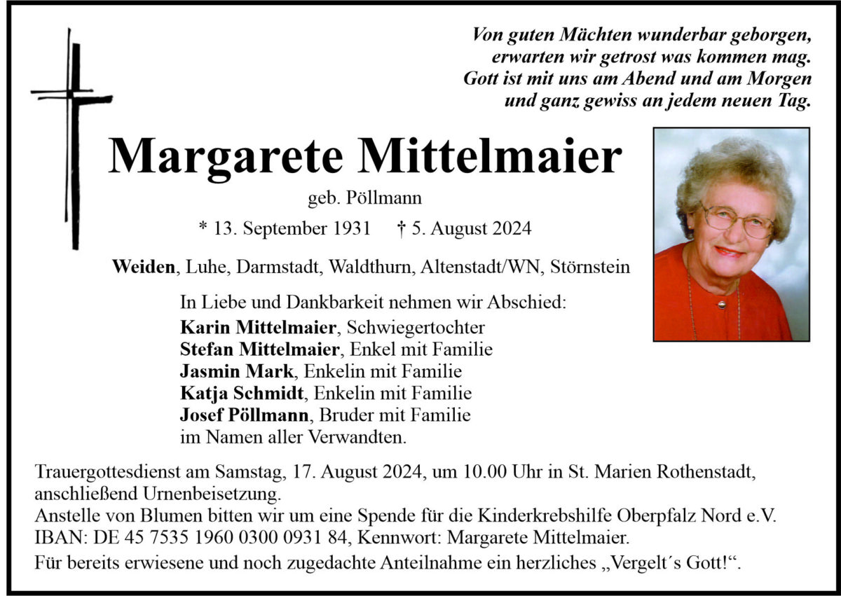 Traueranzeige Margarete Mittelmaier, Weiden