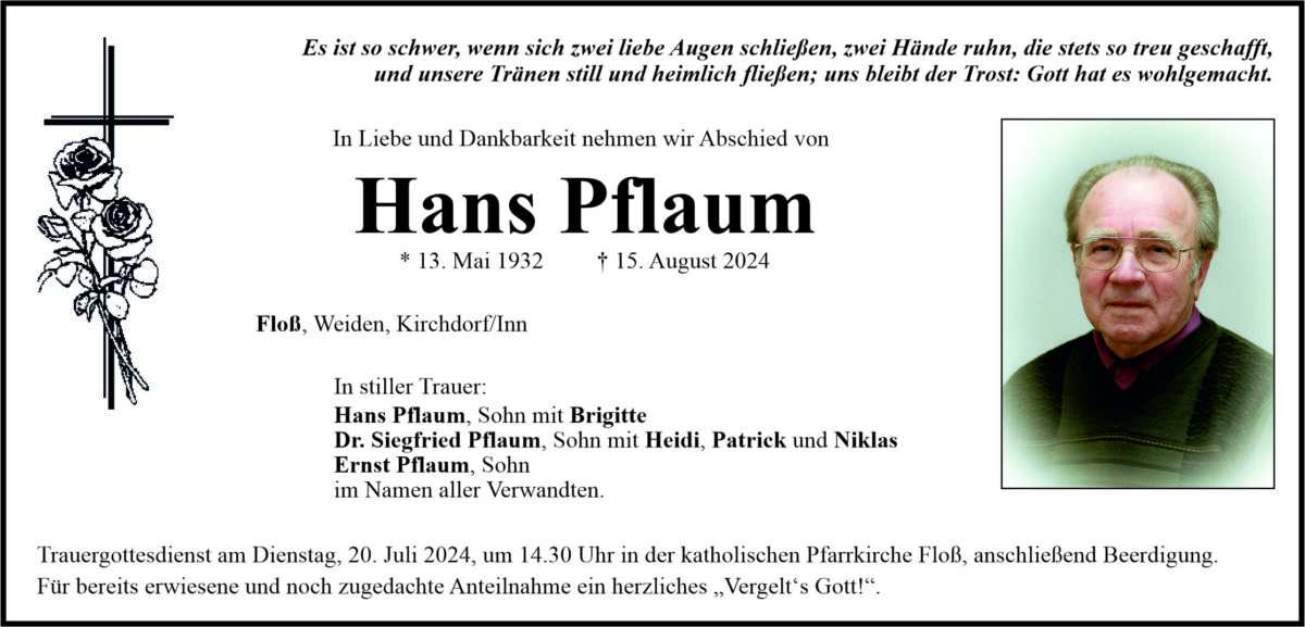 Traueranzeige Hans Pflaum, Floß