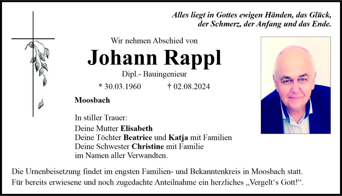 Traueranzeige Johann Rappl, Moosbach