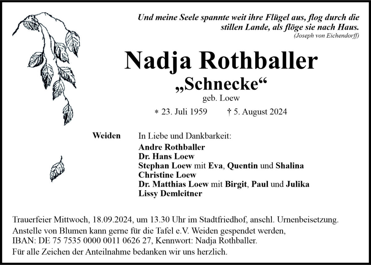 Traueranzeige Nadja Rothballer, Weiden