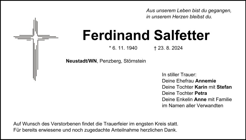 Traueranzeige Ferdinand Salfetter, Neustadt