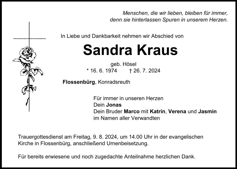 Traueranzeige Sandra Kraus, Flossenbürg