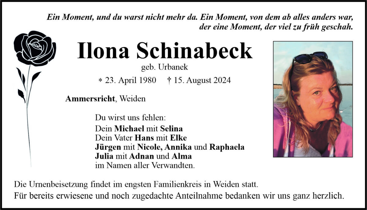 Traueranzeige Ilona Schinabeck, Ammersricht