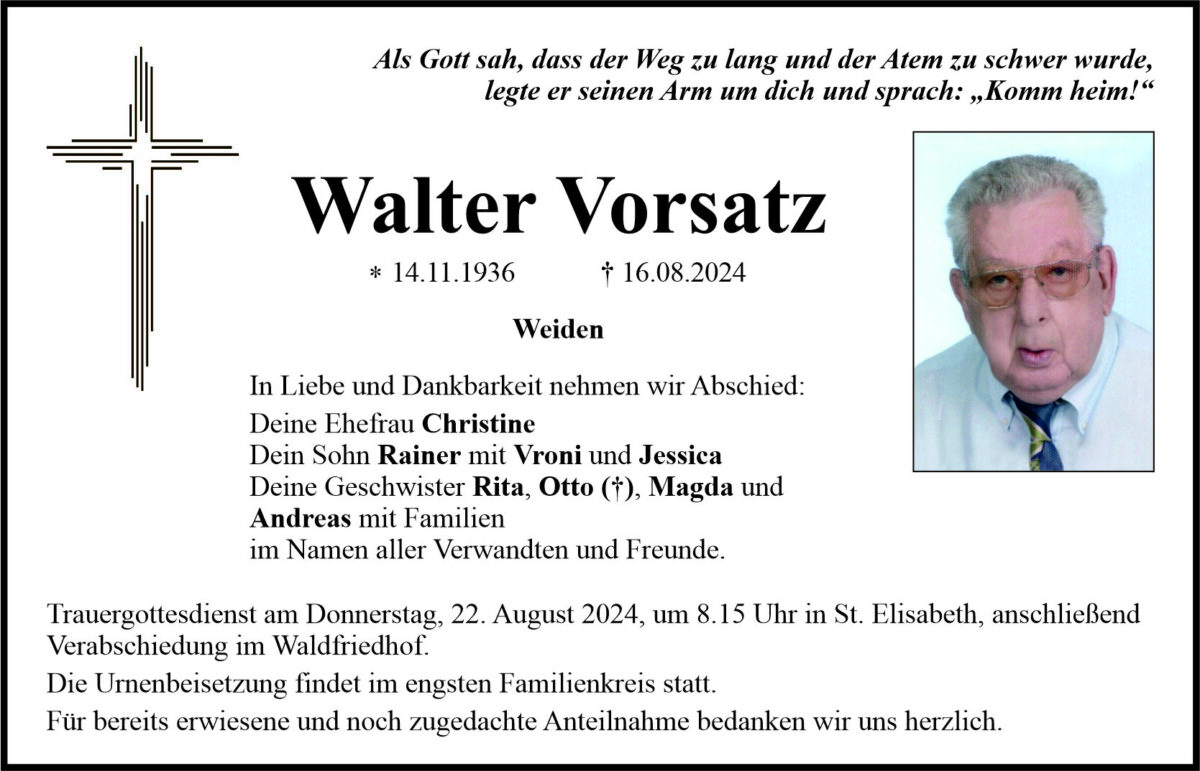 Traueranzeige Walter Vorsatz, Weiden