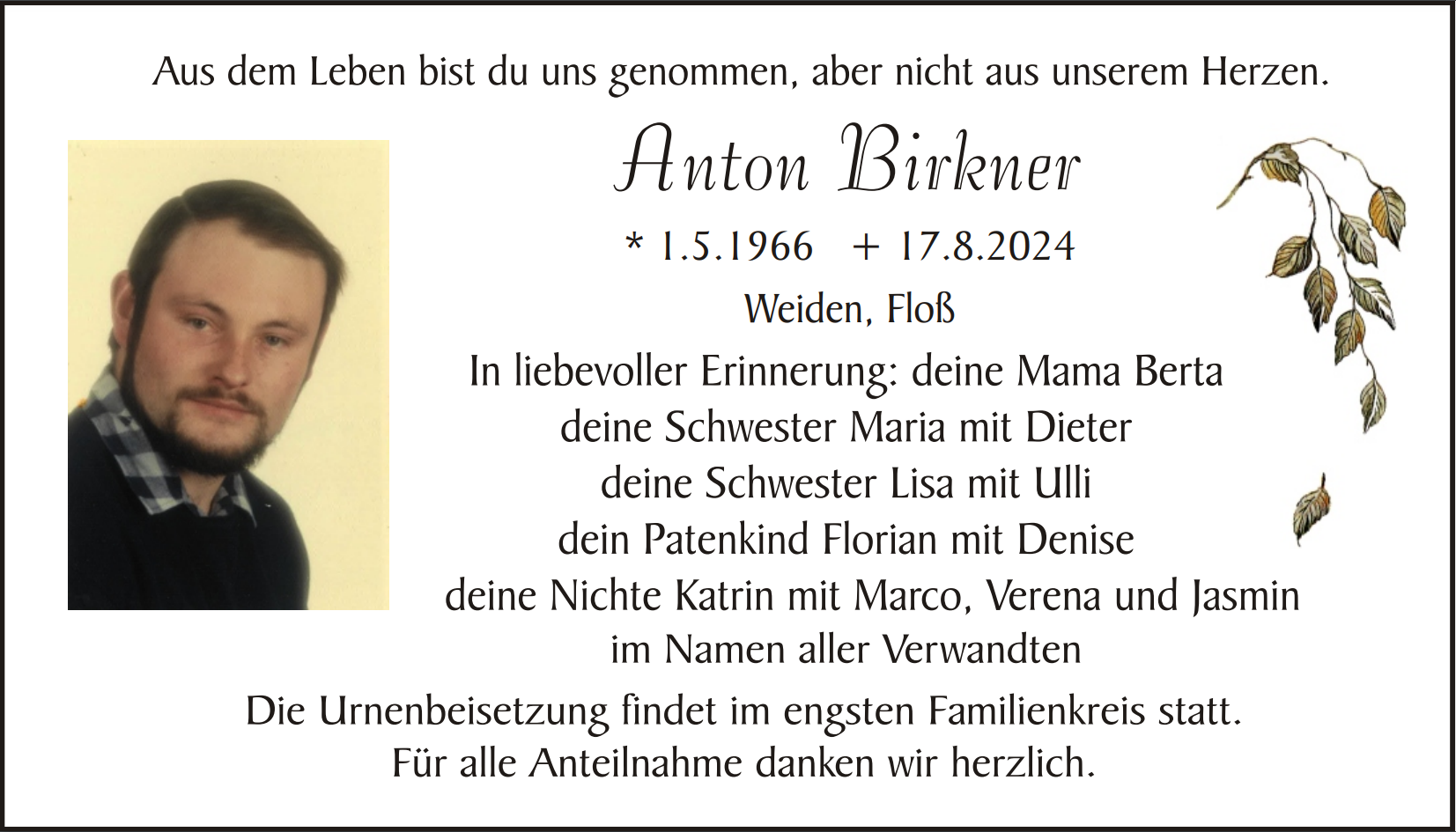 Traueranzeige Anton Birkner, Weiden