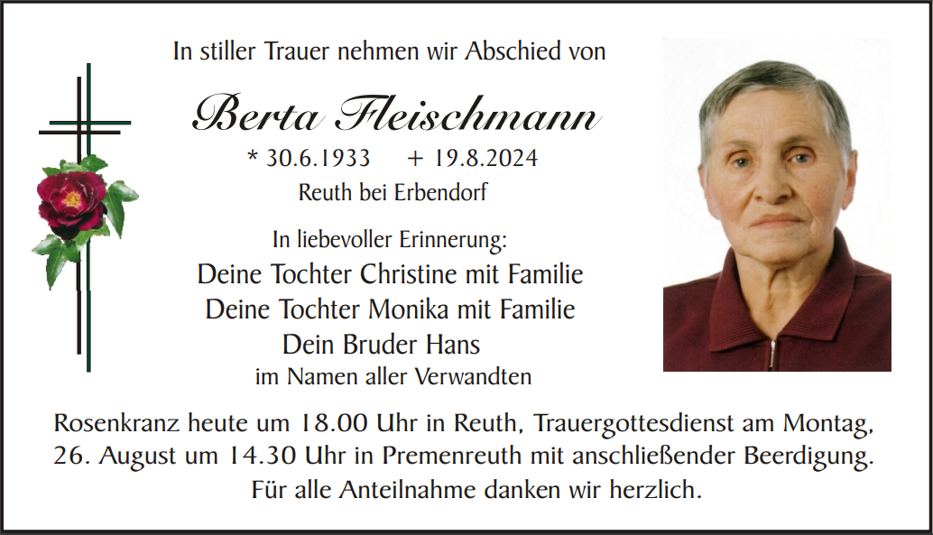 Traueranzeige Berta Fleischmann, Reuth bei Erbendorf