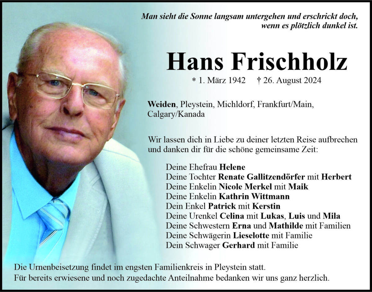 Traueranzeige Hans Frischholz, Weiden