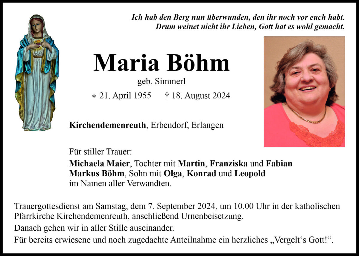Traueranzeige Maria Böhm, Kirchendemenreuth