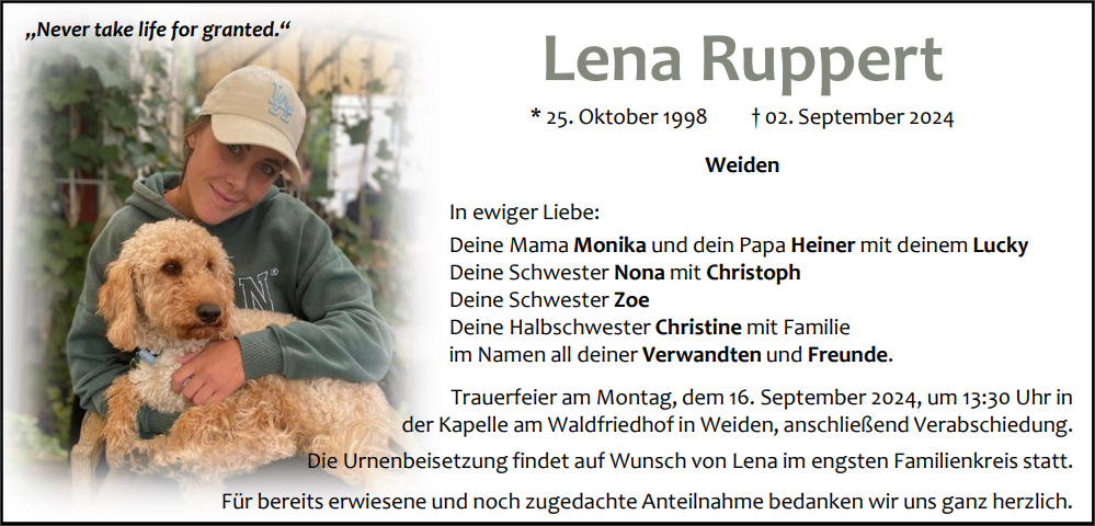 Traueranzeige Lena Ruppert, Weiden