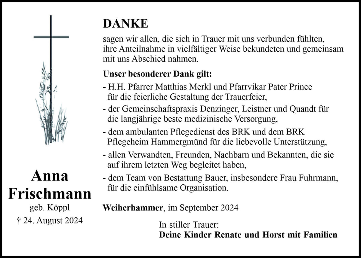 Traueranzeige Frischmann Anna, Weiherhammer