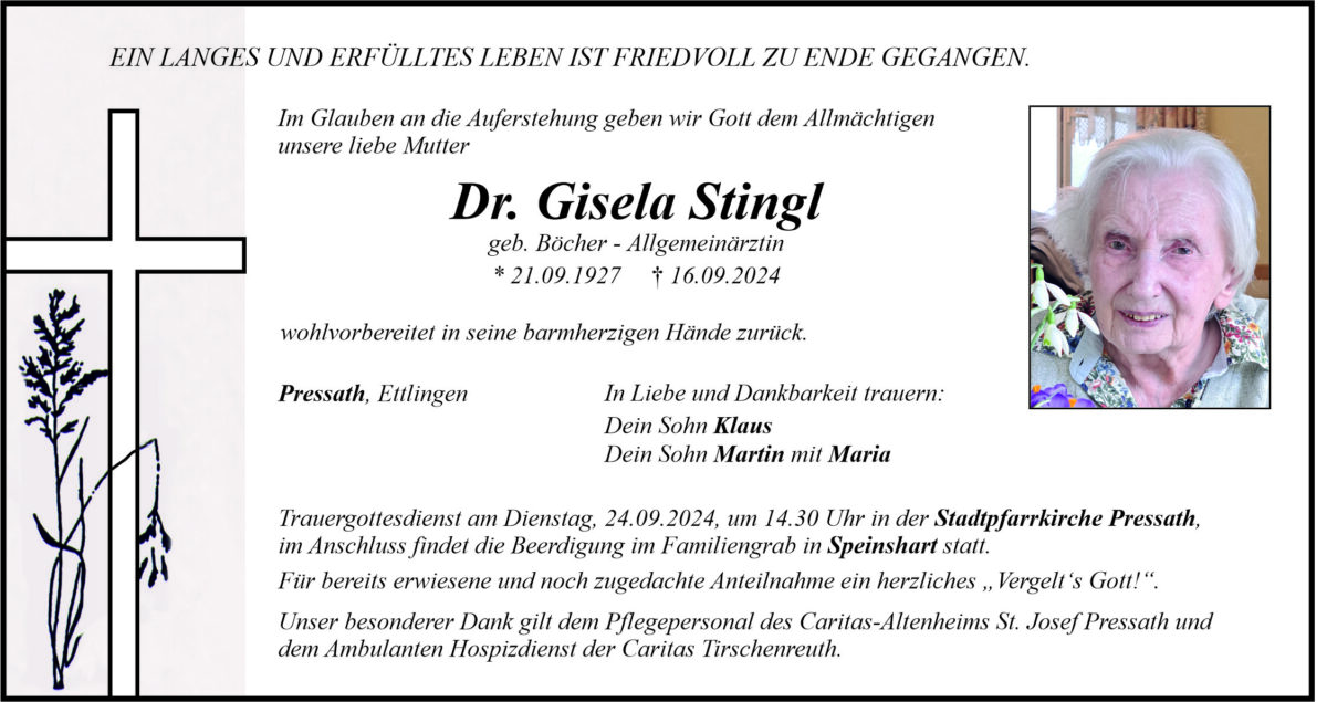 Traueranzeige Dr. Gisela Stingl, Pressath