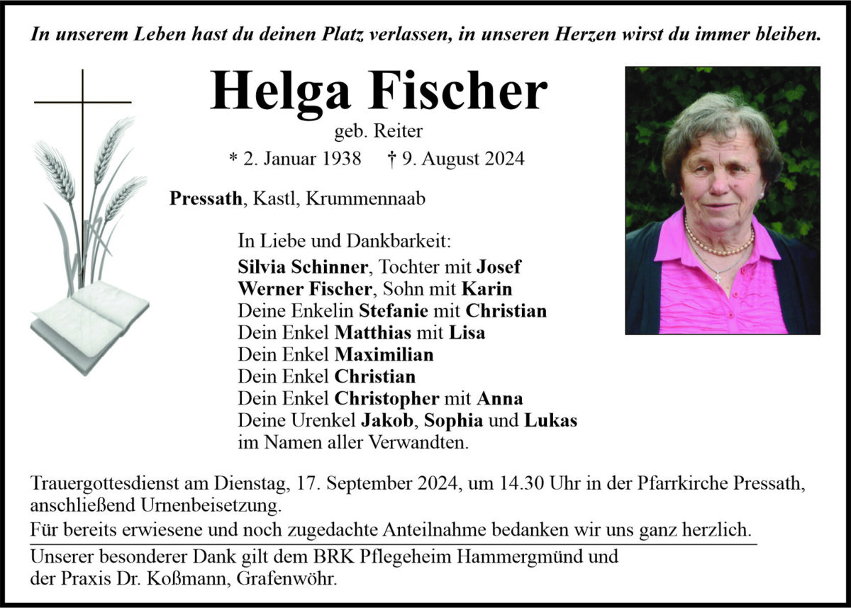 Traueranzeige Helga Fischer, Pressath