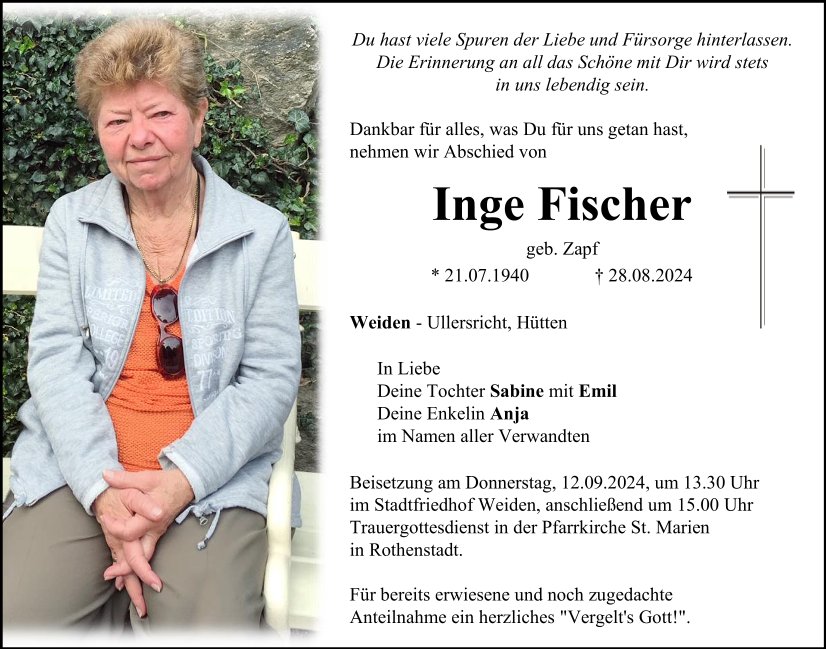 Traueranzeige Inge Fischer, Ullersricht