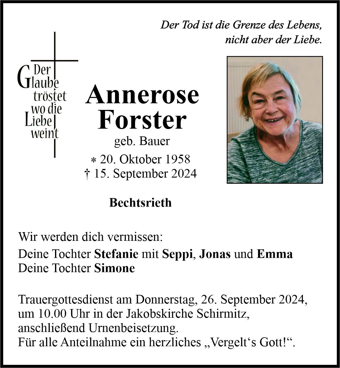 Traueranzeige Annerose Forster, Bechtsrieth