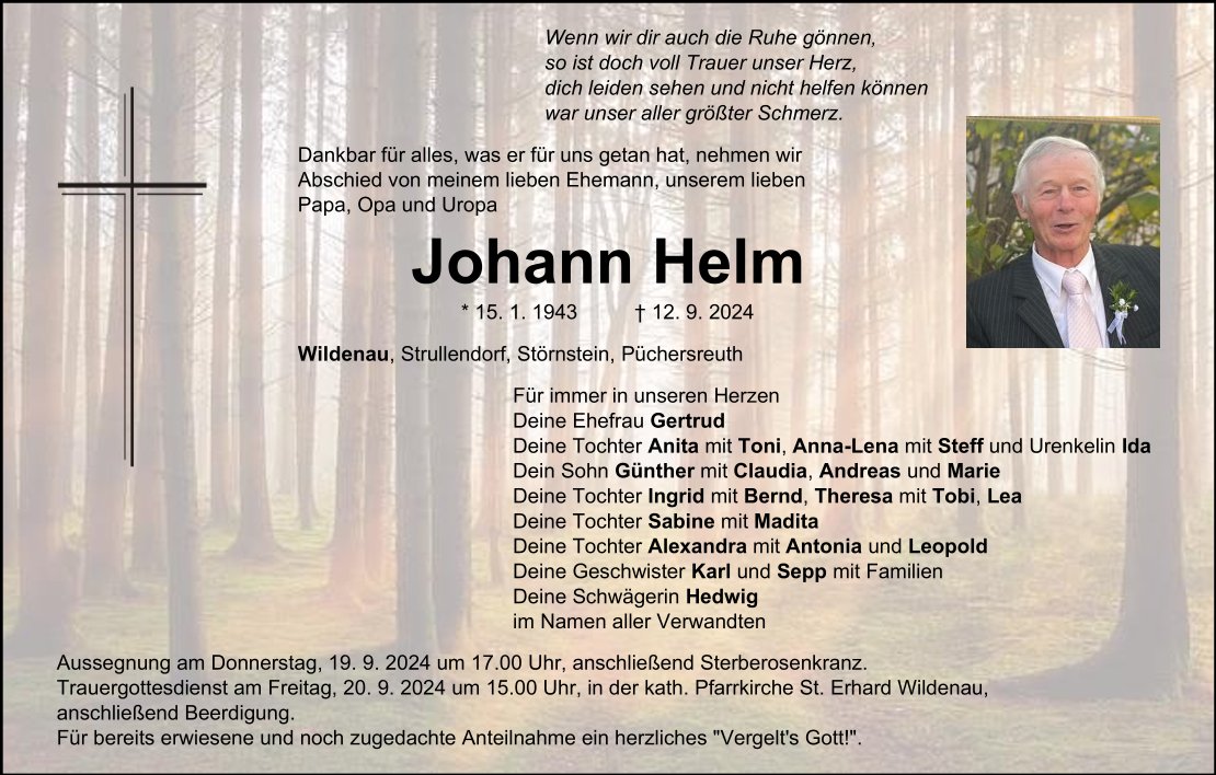 Traueranzeige Johann Helm, Wildenau