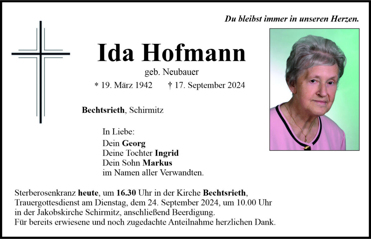 Traueranzeige Ida Hofmann, Bechtsrieth