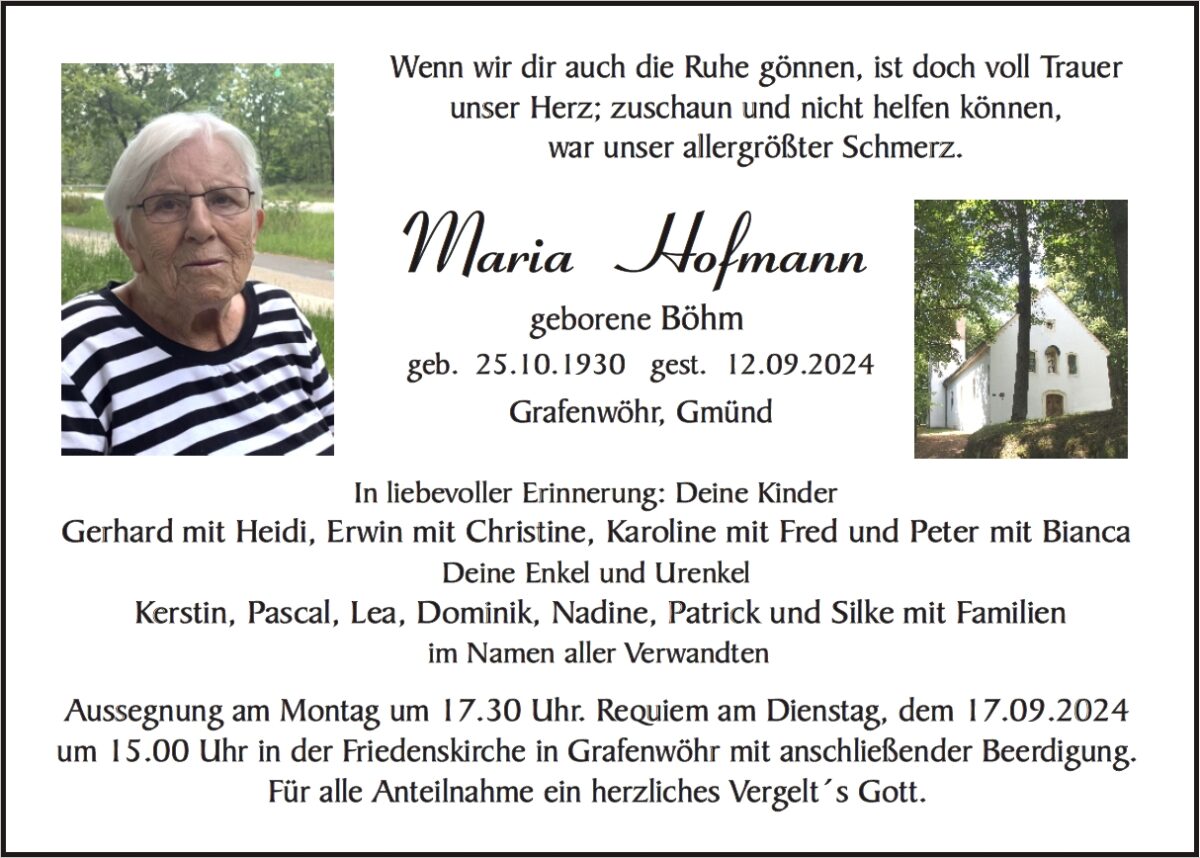 Traueranzeige Maria Hofmann, Grafenwöhr