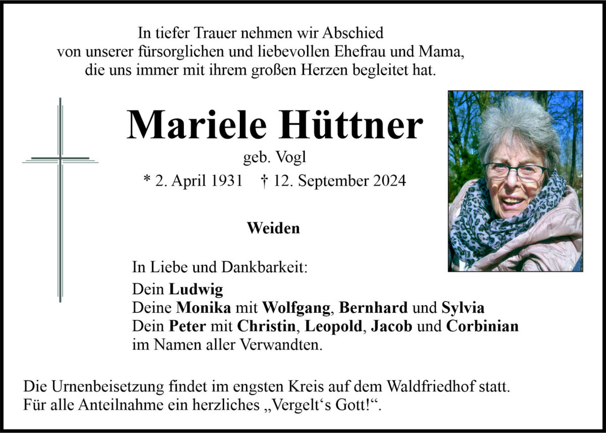 Traueranzeige Mariele Hüttner, Weiden