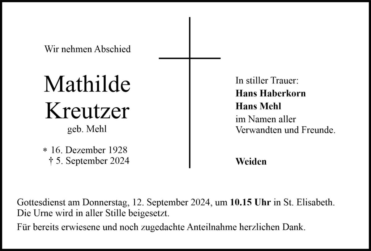 Traueranzeige Mathilde Kreutzer, Weiden