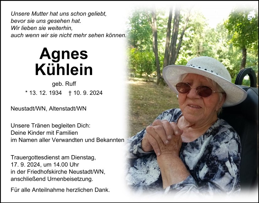 Traueranzeige Agnes Kühlein, Neustadt