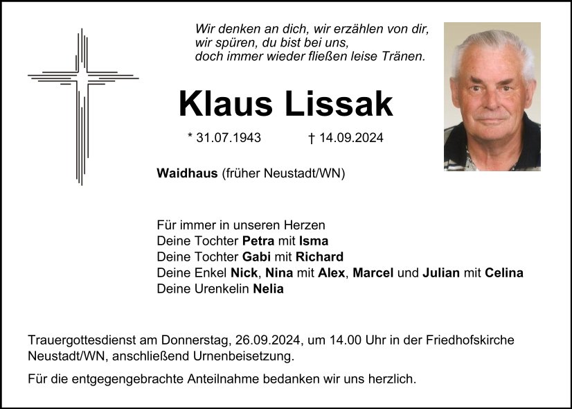 Traueranzeige Klaus Lissak, Waidhaus
