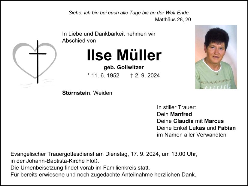 Traueranzeige Ilse Müller, Störnstein