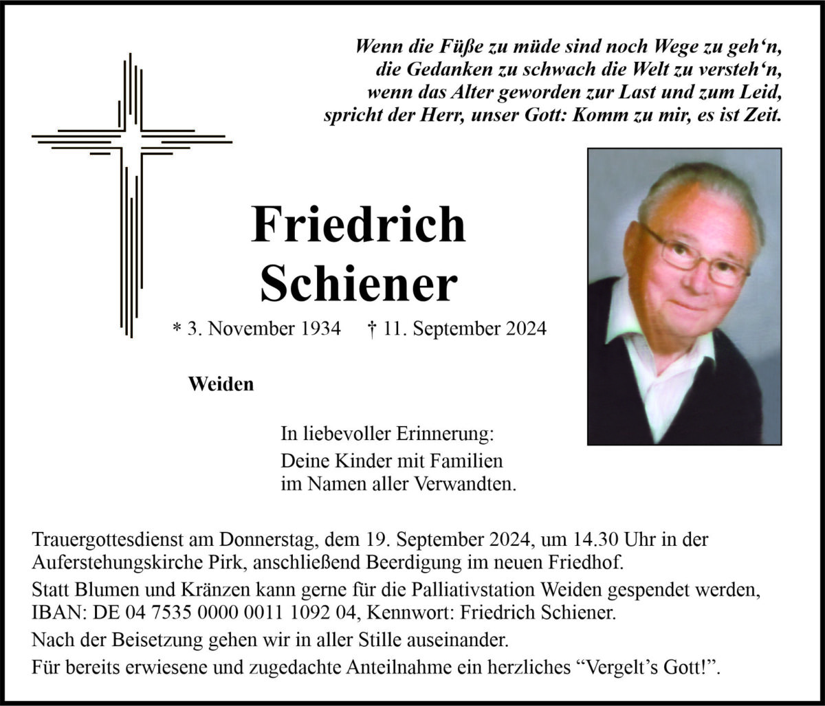 Traueranzeige Friedrich Schiener, Pirk