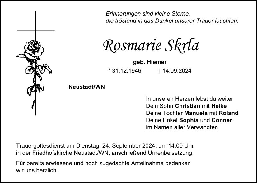 Traueranzeige Rosmarie Skrla, Neustadt/WN