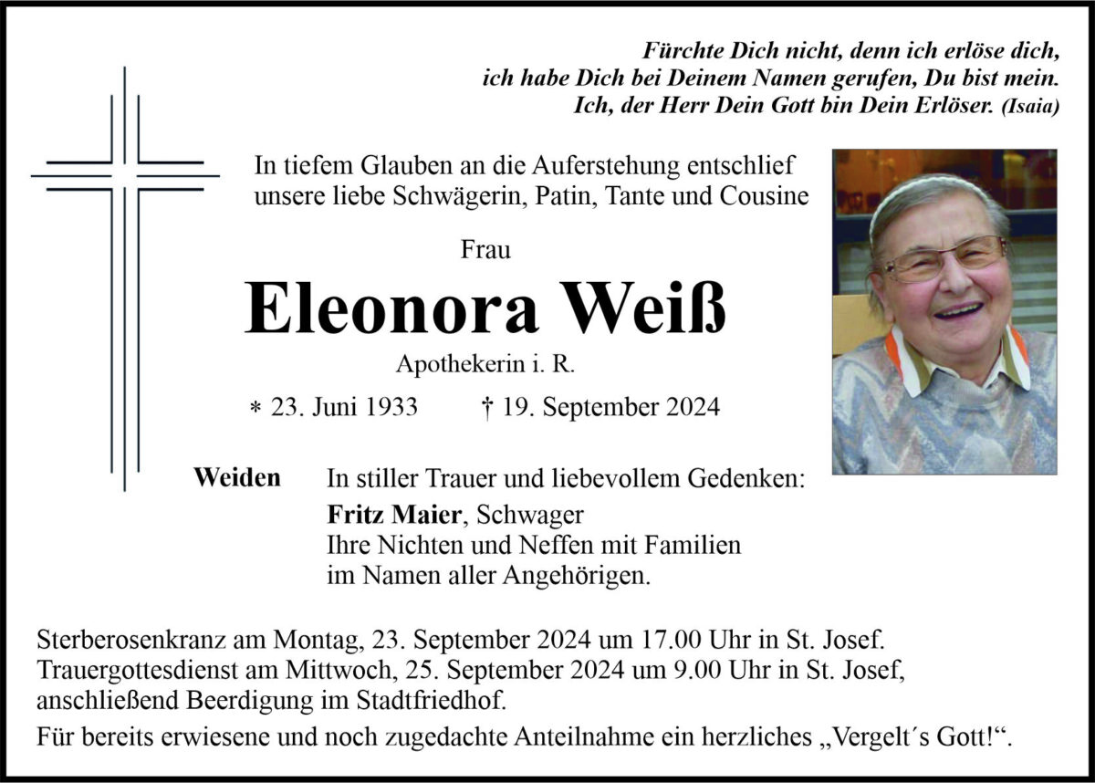 Traueranzeige Eleonora Weiß, Weiden