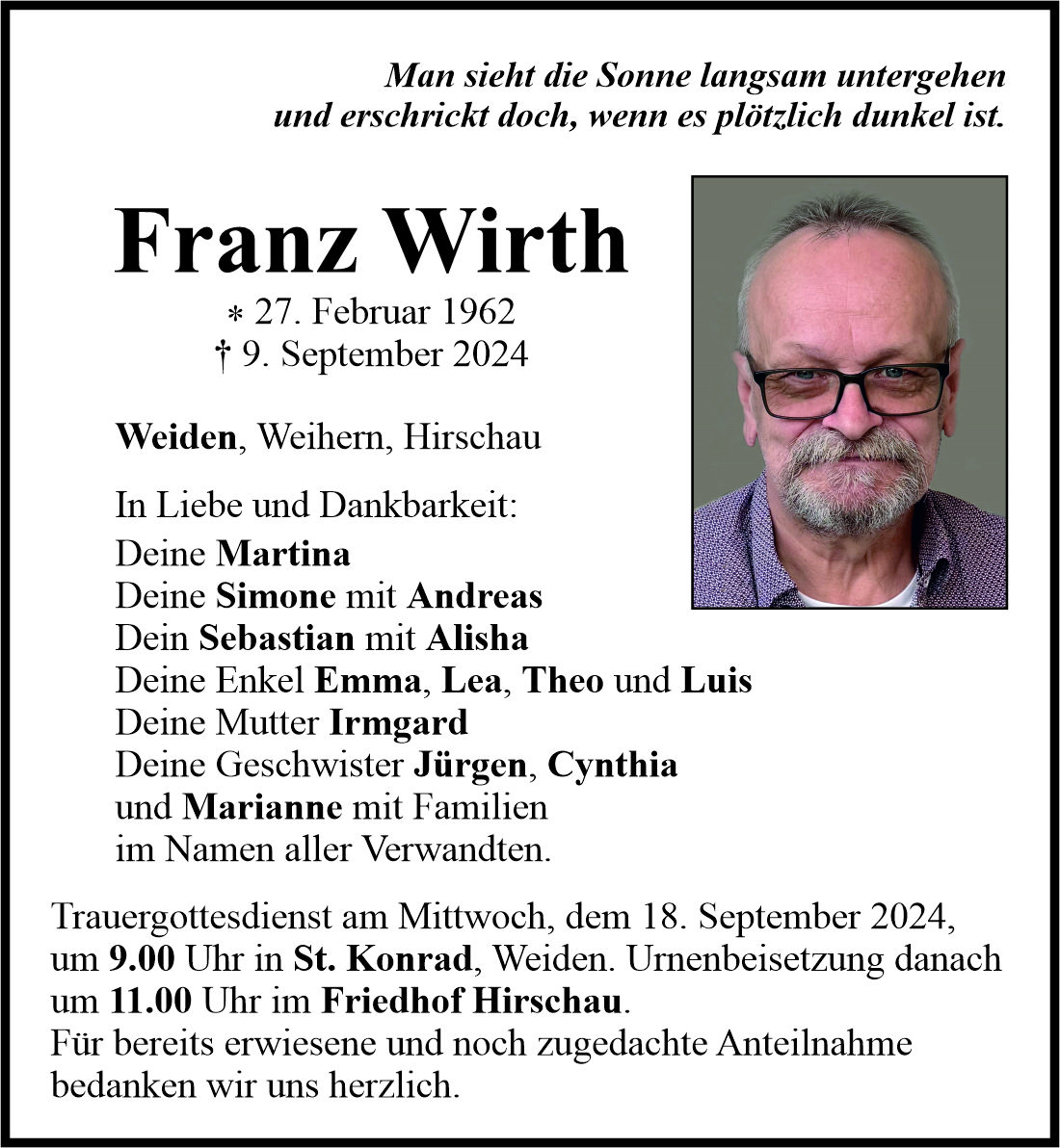 Traueranzeige Franz Wirth, Weiden
