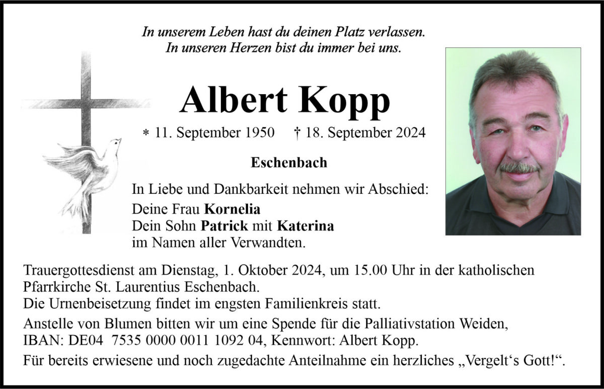 Traueranzeige Albert Kopp, Eschenbach