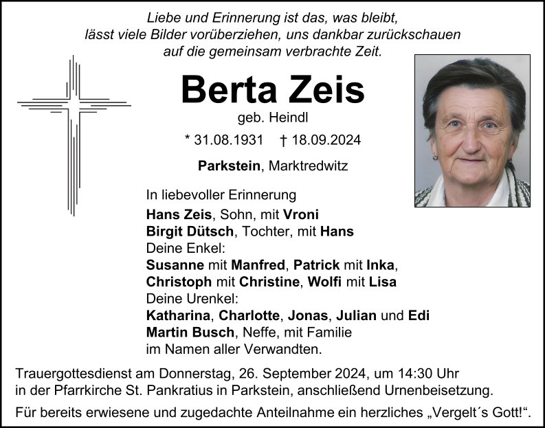 Traueranzeige Berta Zeis, Parkstein