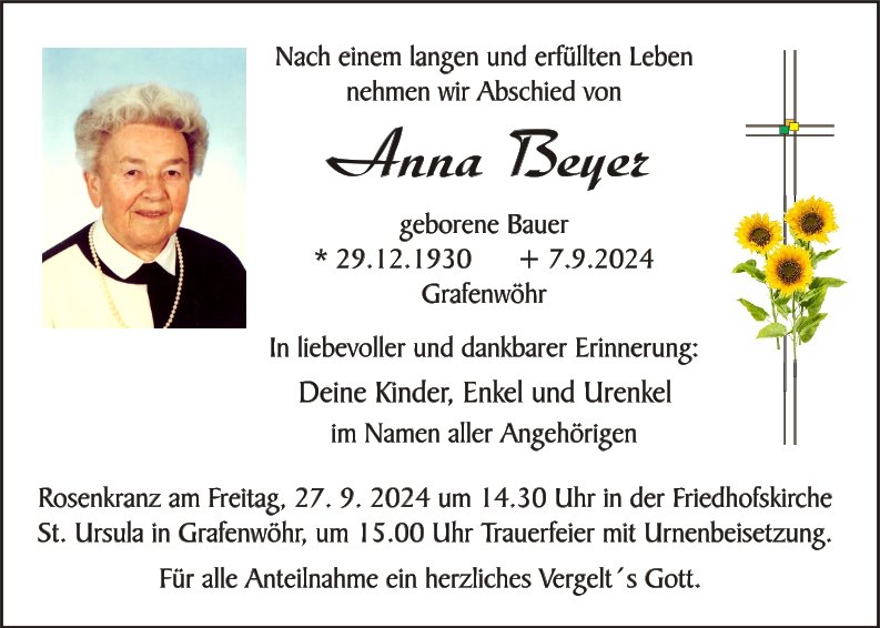 Traueranzeige Anna Beyer, Grafenwöhr