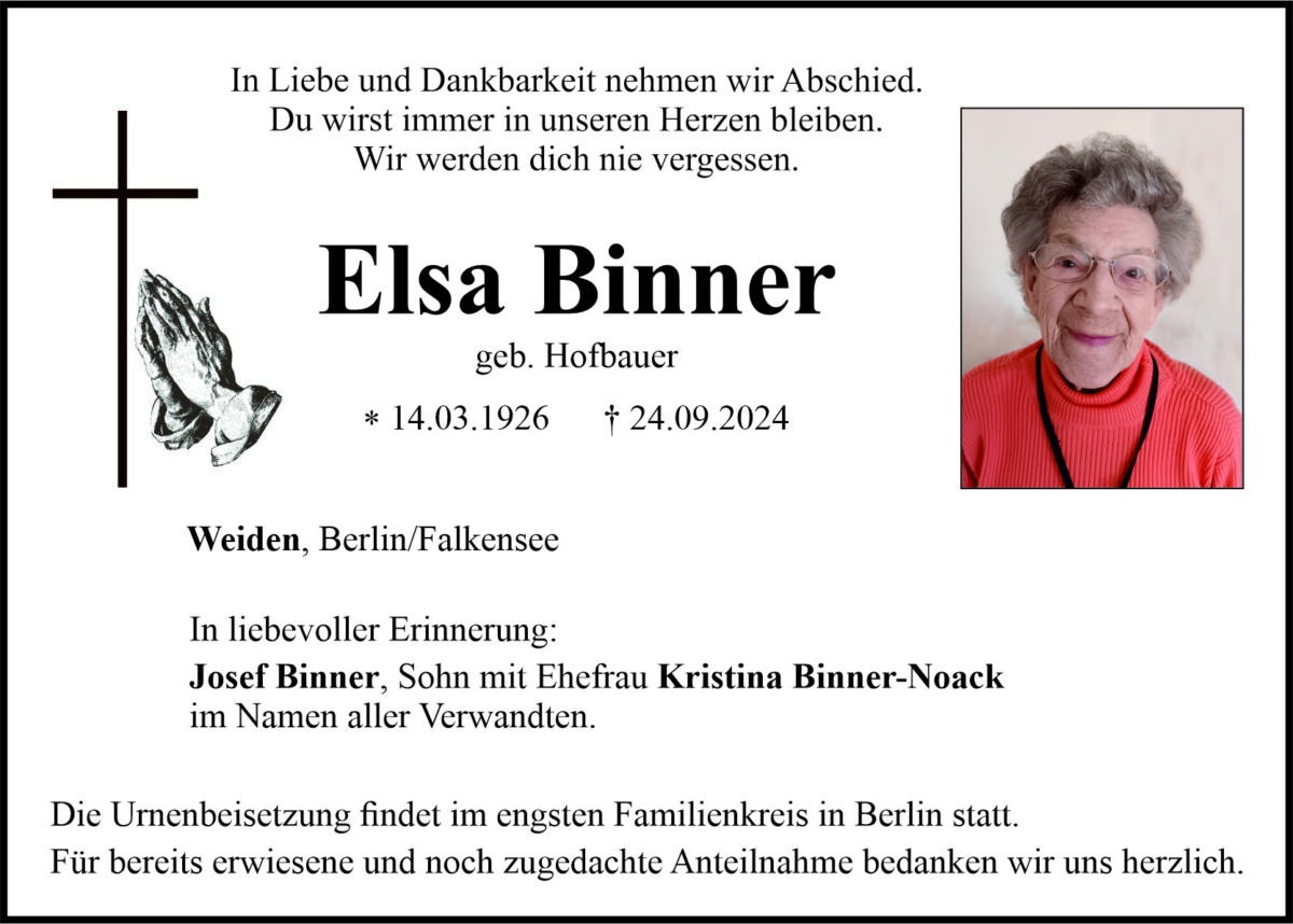 Traueranzeige Elsa Binner, Weiden