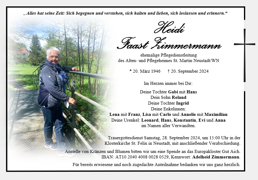 Traueranzeige Heidi Faast Zimmermann, Neustadt/WN