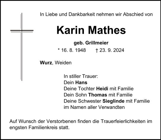 Traueranzeige Karin Mathes, Wurz