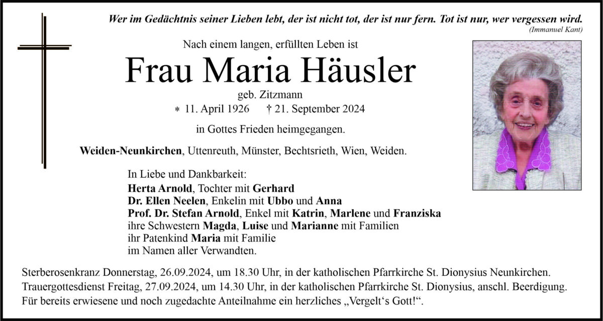 Traueranzeige Maria Häusler, Weiden-Neunkirchen