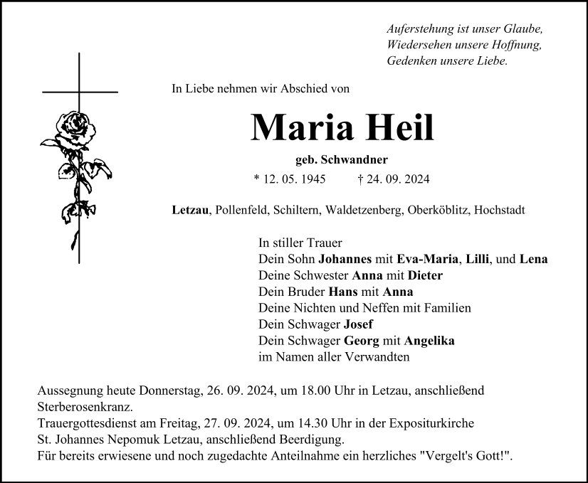 Traueranzeige Maria Heil, Letzau.