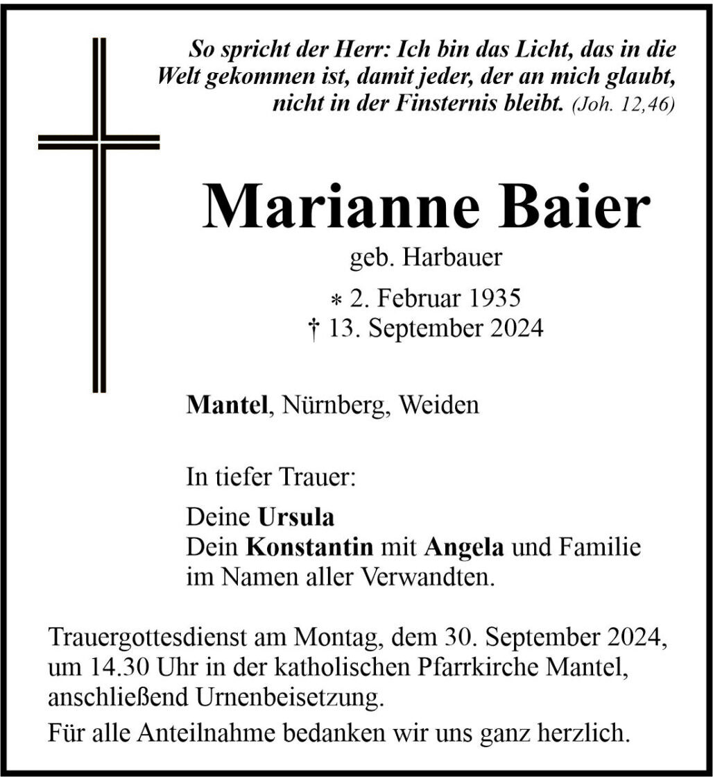 Traueranzeige Marianne Baier, Mantel