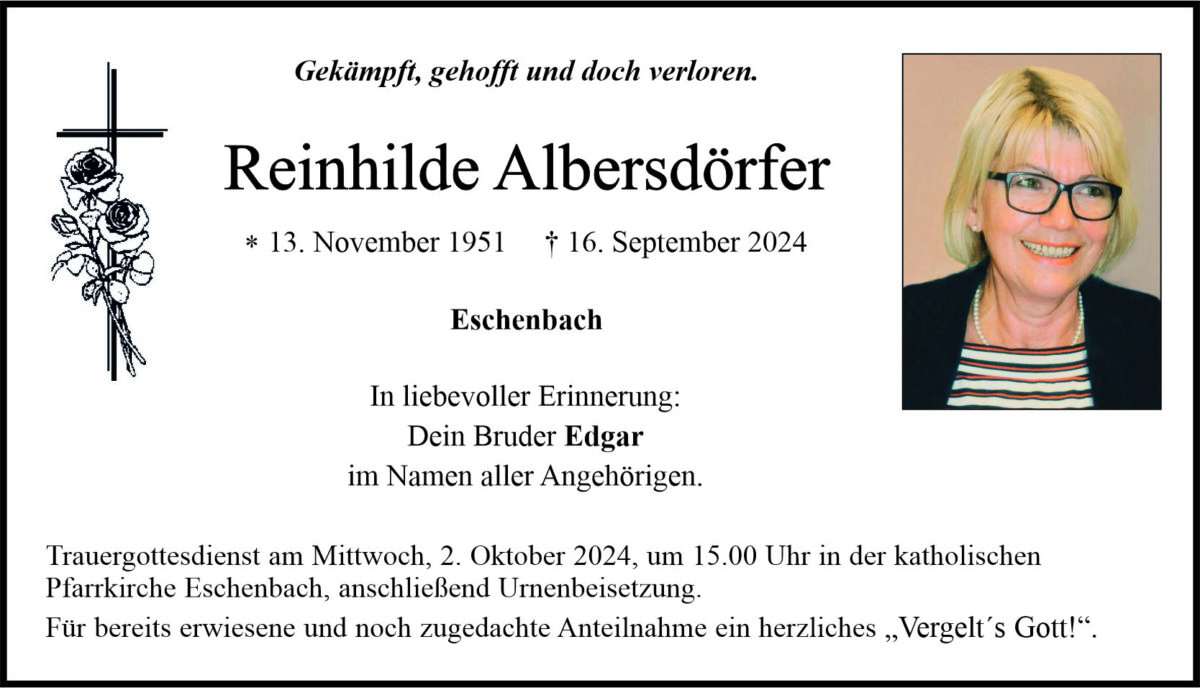 Traueranzeige Reinhilde Albersdörfer, Eschenbach